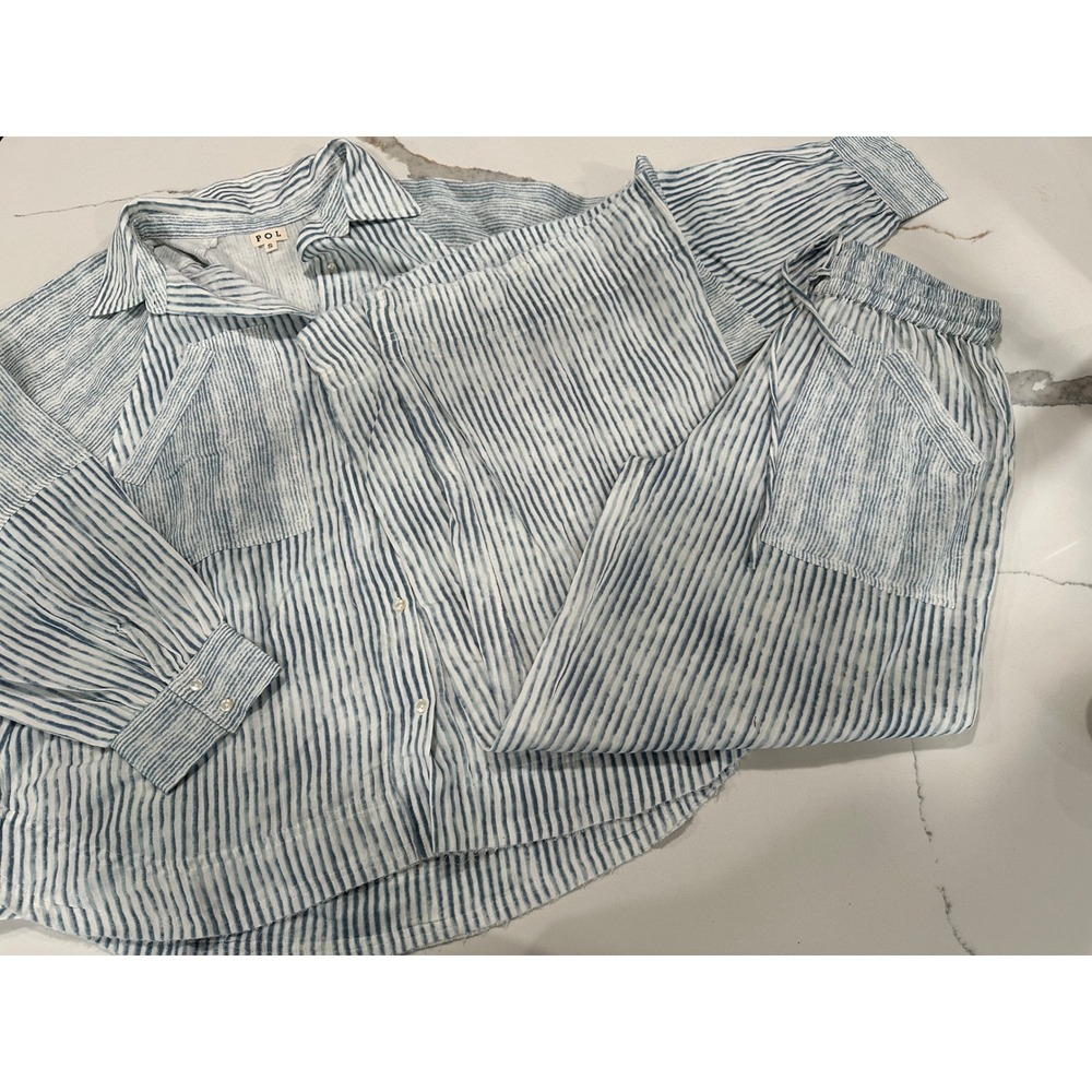POL Blue White Striped Cotton Gauze Two Piece Matching Set Shirt Pants SMQA17 S